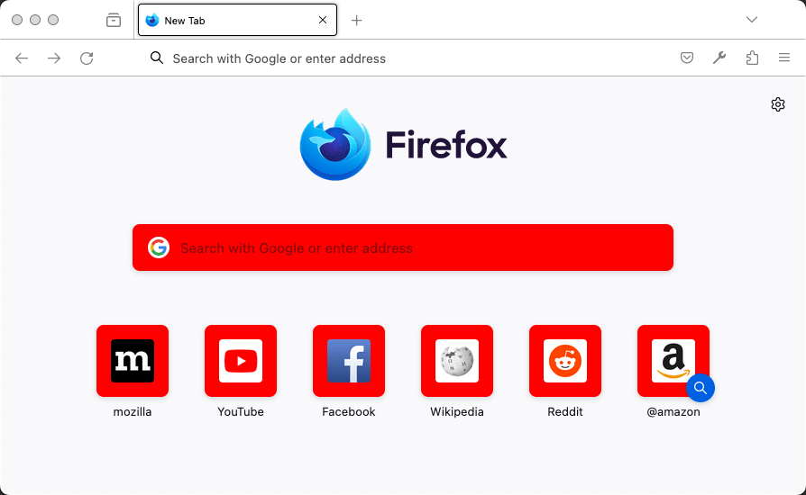 Firefox zeigt eine neue Tabseite an. Auf der Seite ist der Hintergrund zur Suchleiste und den Shortcut-Schaltflächen rot.