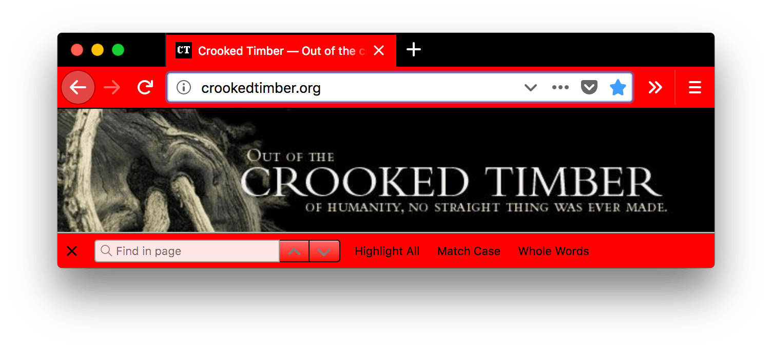 Browser Firefox ist schwarz. Browser-Tabs, Suchleiste und URL-Leiste sind rot mit weißem Text und Symbolen, mit Ausnahme der Suchleiste, bei der Text und Symbol schwarz sind.